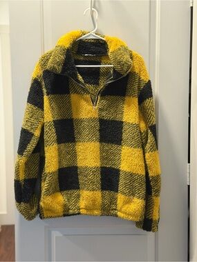 Yellow & Black Buffalo Plaid Sherpa Pullover